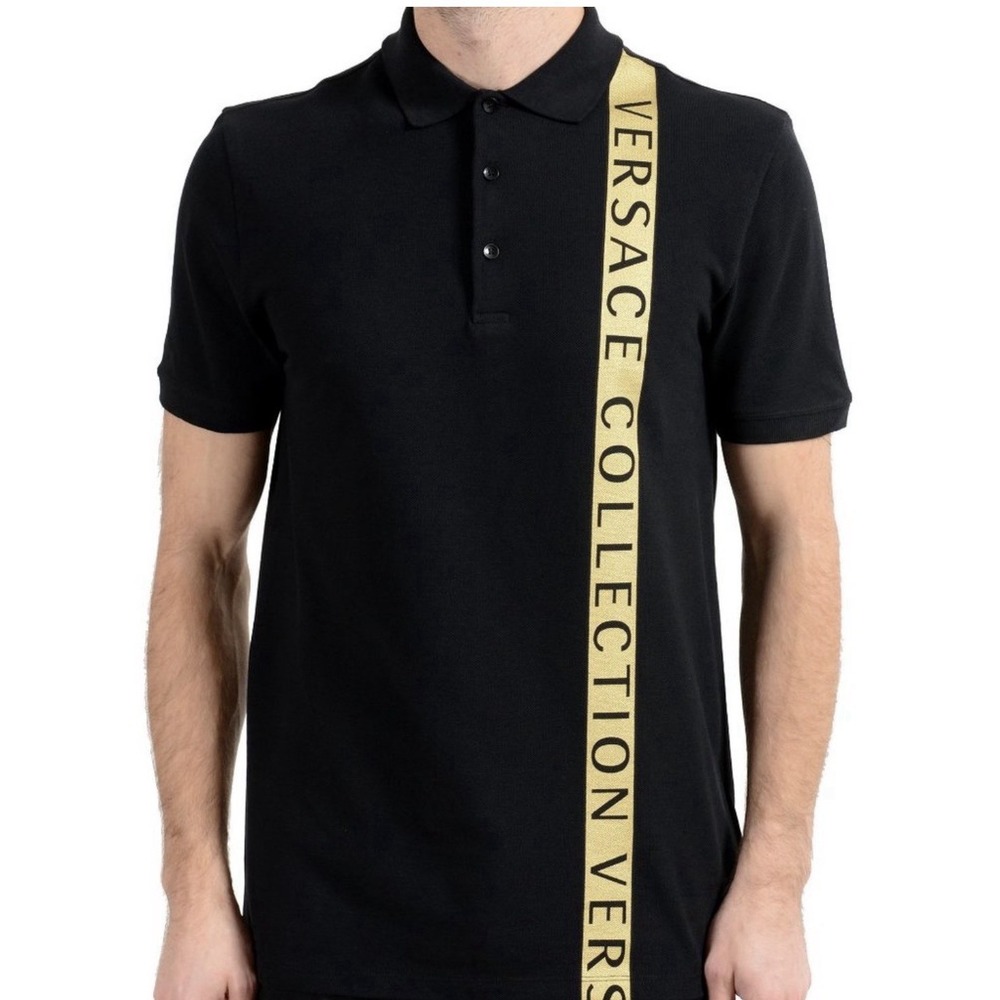 Versace Collection Authentic Gold Stripe Black Polo Shirt Size Small Spell out